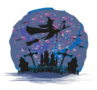 Witch flying on a broom in moonlight.