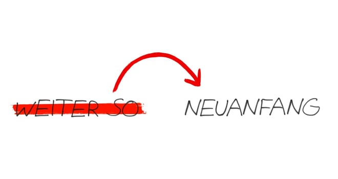 Routine or New Beginning in german language - Handwritten text with arrow on white background