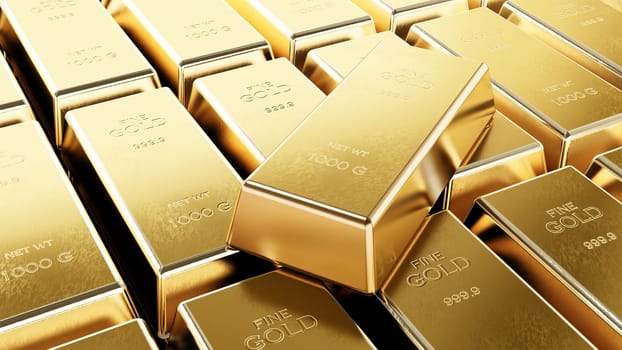 Stack of one kilogram gold bars. 3D illustration.