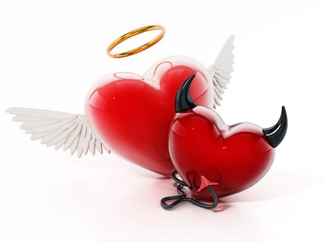 Angel and evil hearts isolated on white background. 3D illustration.