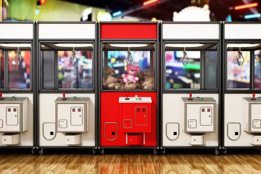 Red box stands out among toys vending machines with crane. 3D illustration.