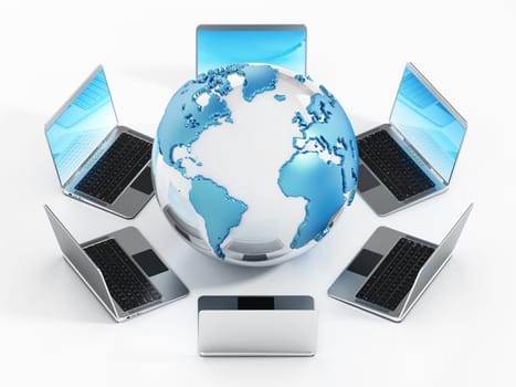 Laptop computers standing around the globe. 3D illustration.