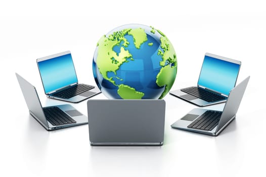 Laptop computers standing around the globe. 3D illustration.