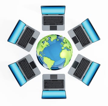 Laptop computers standing around the globe. 3D illustration.