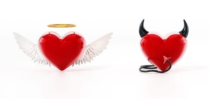 Angel and evil hearts isolated on white background. 3D illustration.