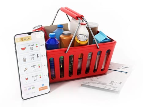 Smartphone and receipt standing next to the shopping basket. Online supermarket shopping concept. 3D illustration.