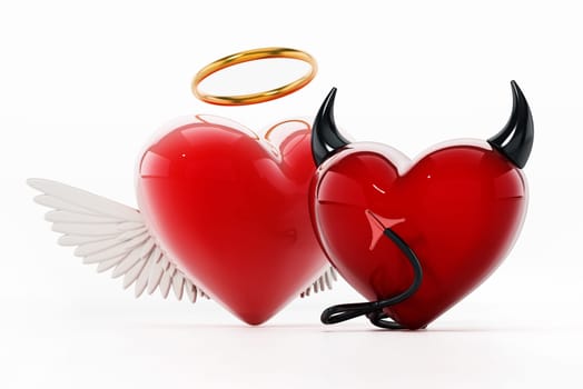 Angel and evil hearts isolated on white background. 3D illustration.