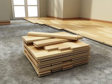 3D illustration of parquet installation process. 3D illustration.