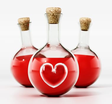 Health potions with a hearth icon isolated on white background. 3D illustration.