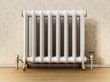 Vintage radiatorstanding next to the wall. 3D illustration.