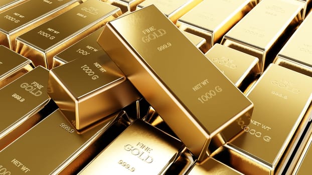 Stack of one kilogram gold bars. 3D illustration.