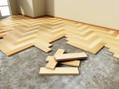 3D illustration of parquet installation process. 3D illustration.