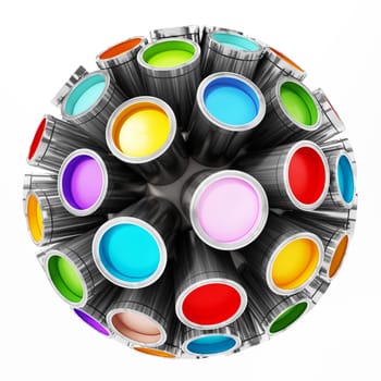Colorful paint cans around the globe isolated on white background.