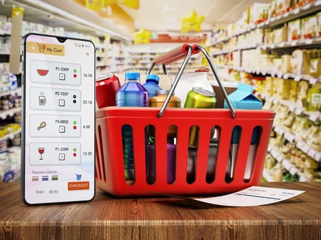 Smartphone and receipt standing next to the shopping basket. Online supermarket shopping concept. 3D illustration.