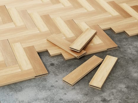 3D illustration of parquet installation process. 3D illustration.