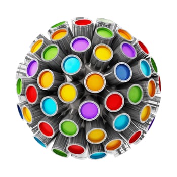 Colorful paint cans around the globe isolated on white background.