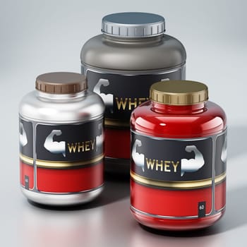 Whey protein powders isolated on gray background. 3D illustration.