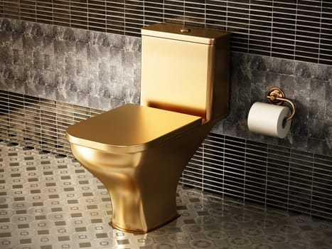 Golden toilet in luxury bathroom. 3D illustration.