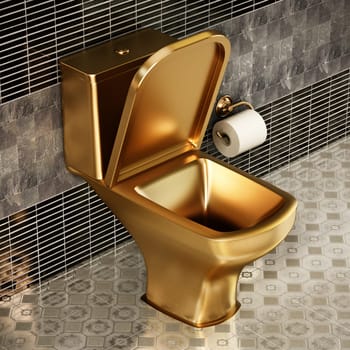 Golden toilet in luxury bathroom. 3D illustration.