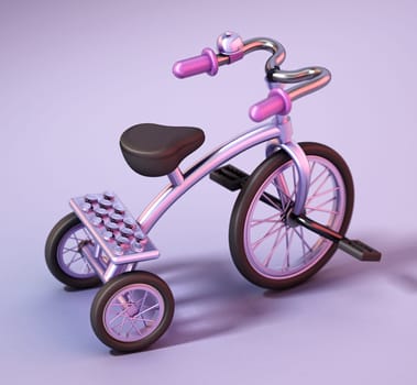 Vintage tricycle standing on purple background. 3D illustration.