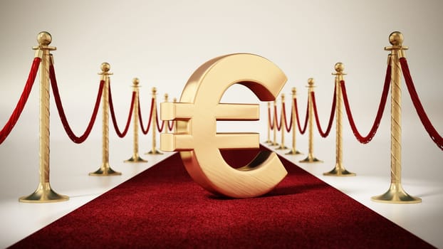 Euro sign standing on red carpet with velvet ropes on both sides. 3D illustration.