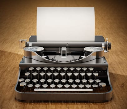 Vintage typewriter with a blank paper on wooden table. 3D illustration.