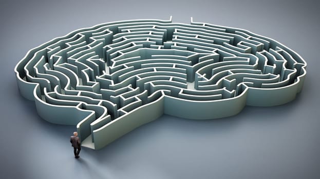 Businessman standing at the entrance of brain shaped maze 3D illustration.