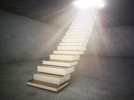 Stack of books forming a staircase leading to the opening on the ceiling.