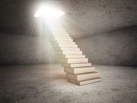 Stack of books forming a staircase leading to the opening on the ceiling.