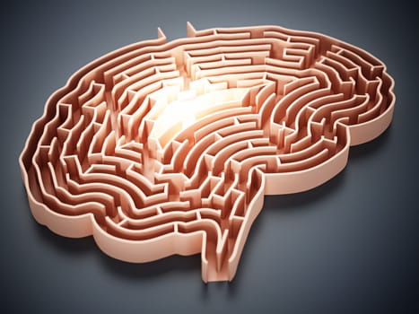 Brain shaped maze with a glow at the center. 3D illustration.