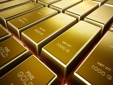 Stack of one kilogram gold bars. 3D illustration.