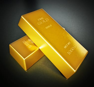 One kilogram gold bars standing on black background. 3D illustration.
