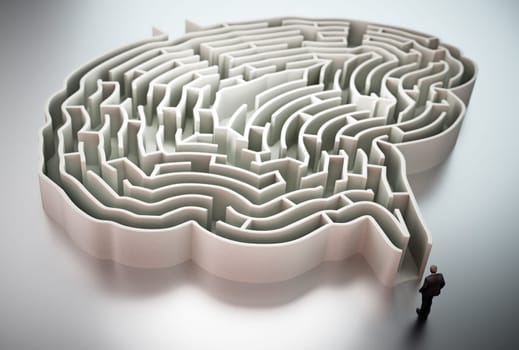 Businessman standing at the entrance of brain shaped maze 3D illustration.