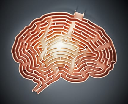 Brain shaped maze with a glow at the center. 3D illustration.