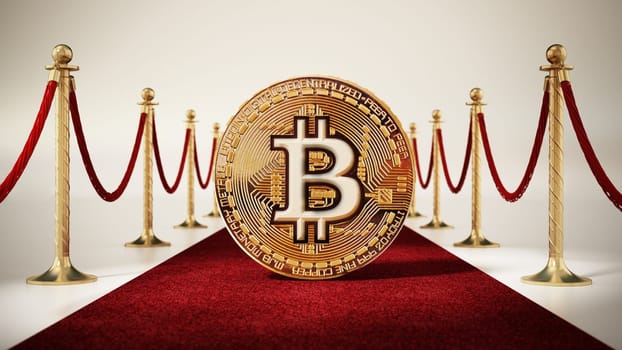 Bitcoin standing on red carpet with velvet ropes on both sides. 3D illustration.