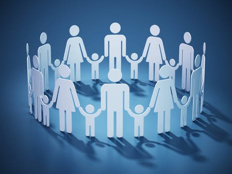 Families holding hands forming a circle alltogether. 3D illustration.