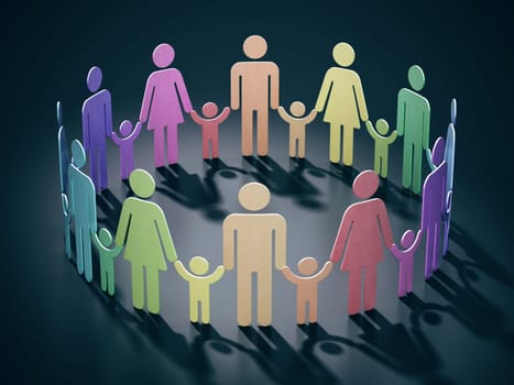 Families holding hands forming a circle alltogether. 3D illustration.
