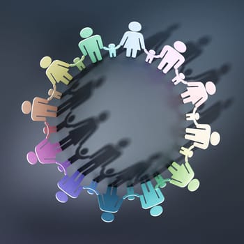 Families holding hands forming a circle alltogether. 3D illustration.