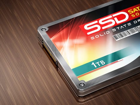 Generic SSD standing on wooden table. 3D illustration.
