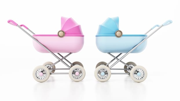 Pink and blue retro baby strollers isolated on white background. 3D illustration.