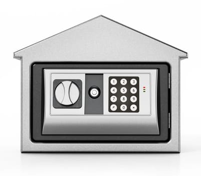 Bank building shaped steel safe isolated on white background. 3D illustration.