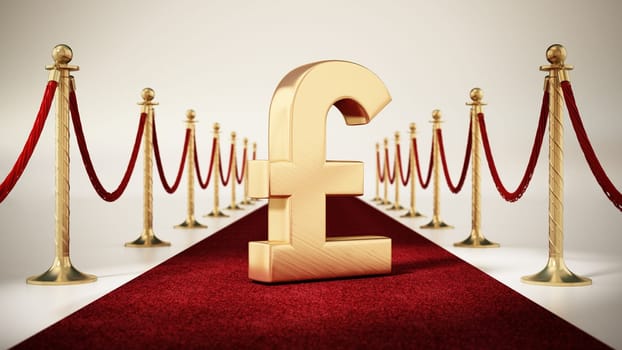 Pound sign standing on red carpet with velvet ropes on both sides. 3D illustration.