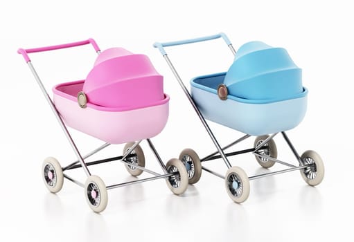 Pink and blue retro baby strollers isolated on white background. 3D illustration.
