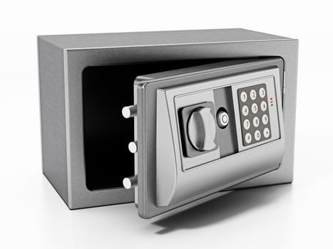 Steel safe with open door isolated on white background. 3D illustration.