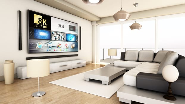 8K tv hanging on the wall of a modern room. 3D illustration.