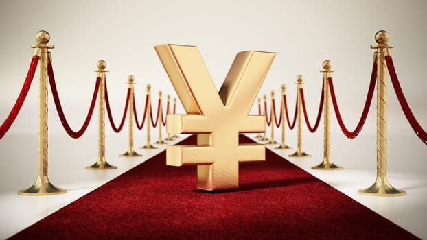 Japanese Yen sign standing on red carpet with velvet ropes on both sides. 3D illustration.