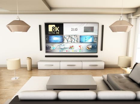 8K tv hanging on the wall of a modern room. 3D illustration.
