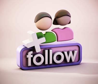 Follow button and generic follower icons. 3D illustration.