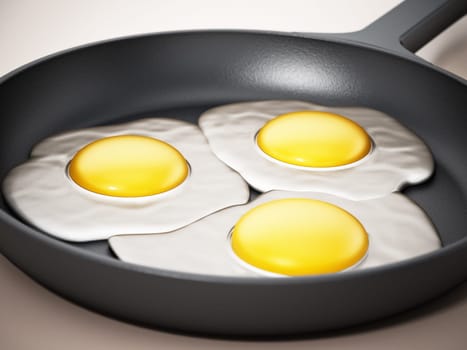 Fried eggs in frying pan. 3D illustration.