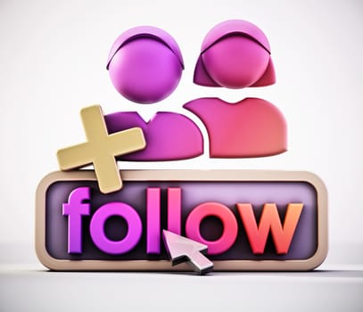 Follow button and generic follower icons. 3D illustration.